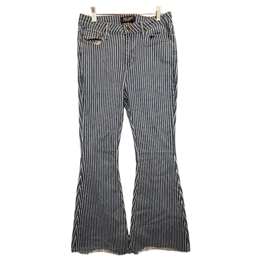Judy Blue Pin Striped Super Flare Jeans Blue White High Rise Bell Bottoms‎ 11/30